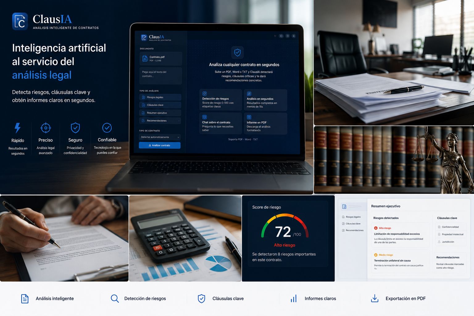 Plataforma ClausIA con análisis inteligente de contratos, score de riesgo y informes claros